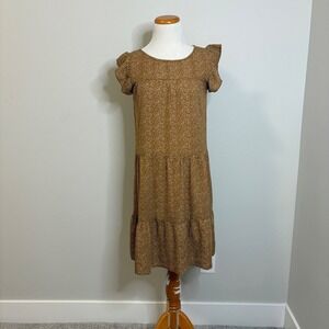 Ruffle Sleeve Tiered Midi Long Short Sleeve‎ Alredine Dress NWOT Casual Brown XS